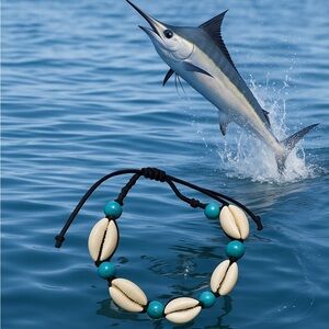 Blue Bead and White Clam Shell Adjustable Bracelet or Ankle Bracelet